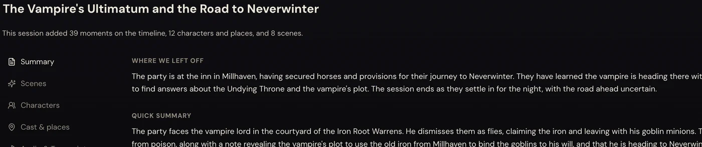 The session write-up header: The Vampire's Ultimatum and the Road to Neverwinter, with 39 moments, 12 characters and places, and 8 scenes added automatically