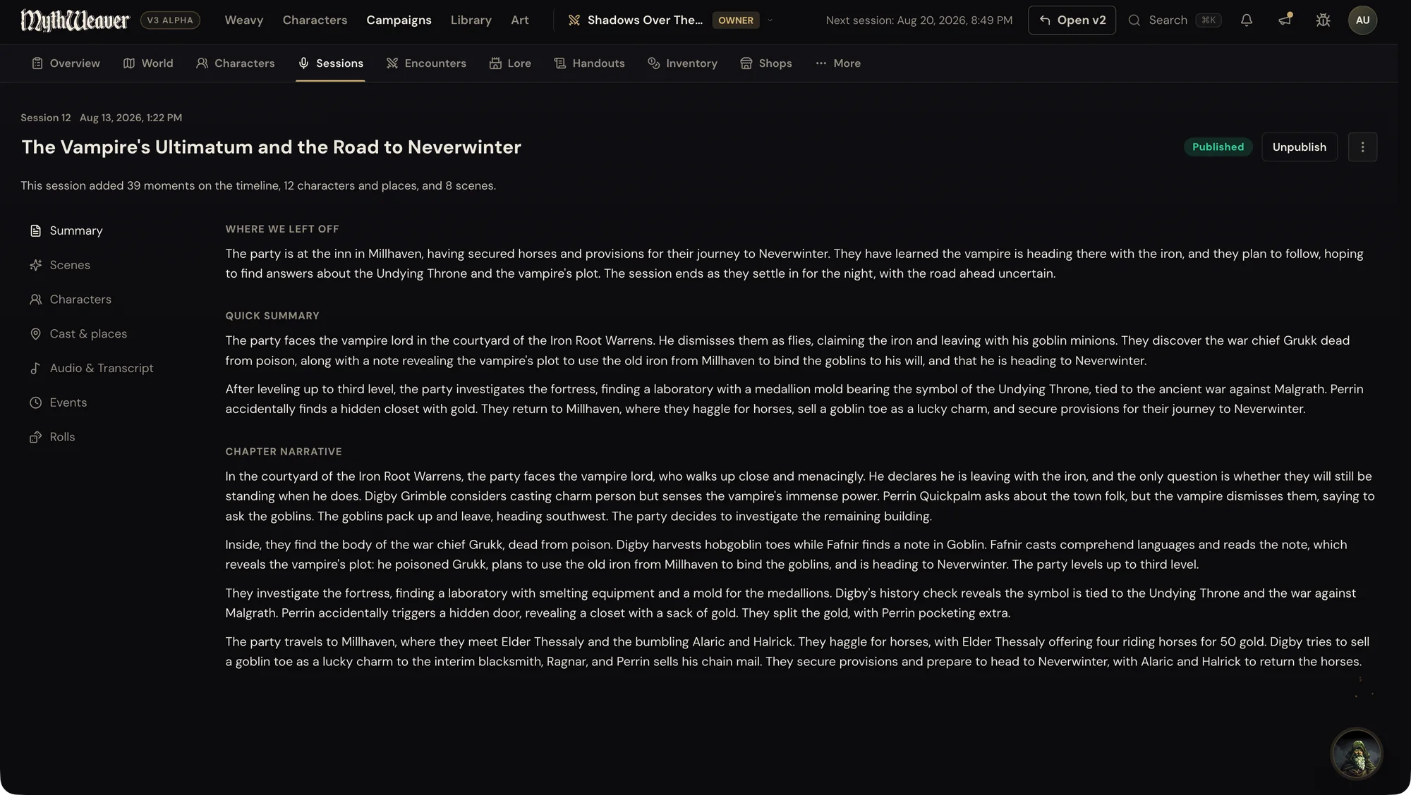 A real session write-up: where we left off, quick summary, and full chapter narrative, with 39 moments, 12 characters and places, and 8 scenes filed automatically