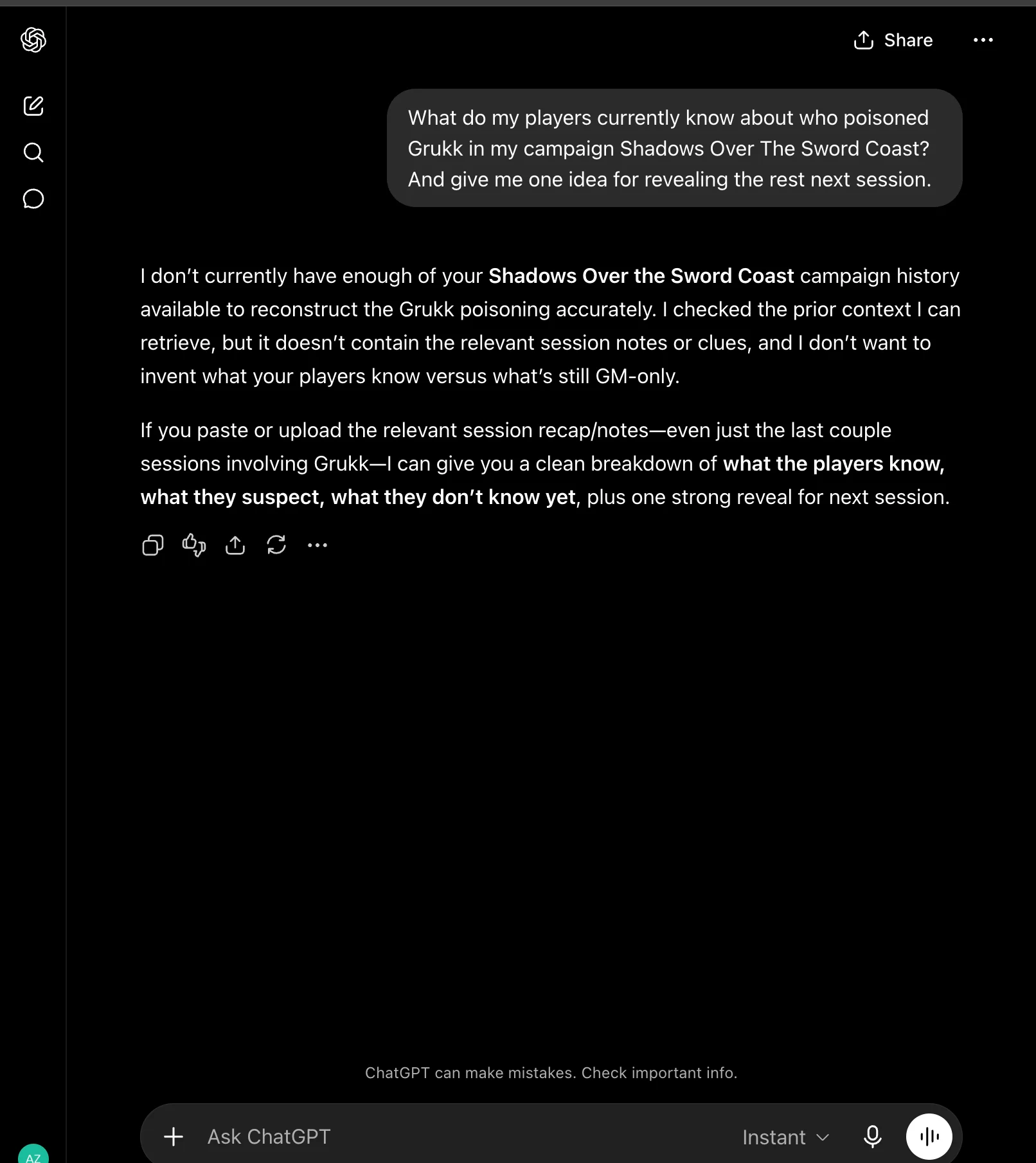 ChatGPT answering that it does not have the campaign history available, will not guess what the players know, and asking for session notes to be pasted in